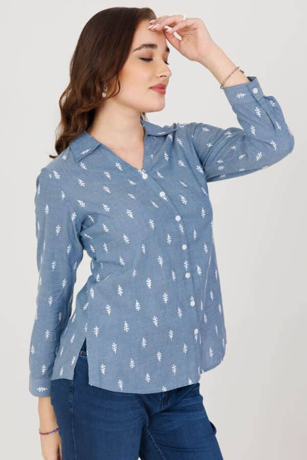 Blue Chambray Embroidered Shirt with Full Sleeves