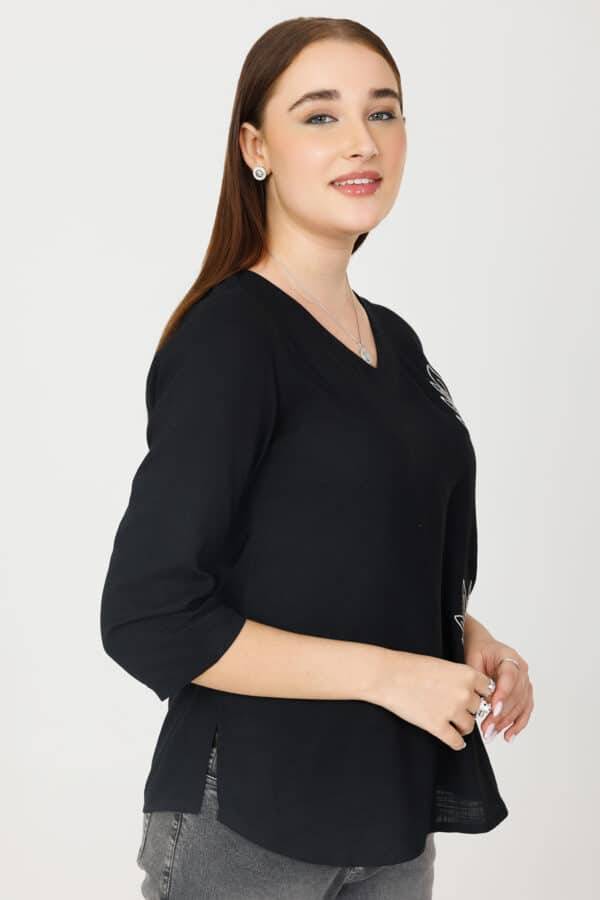 Black Embroidered Rayon Slub V-Neck Top