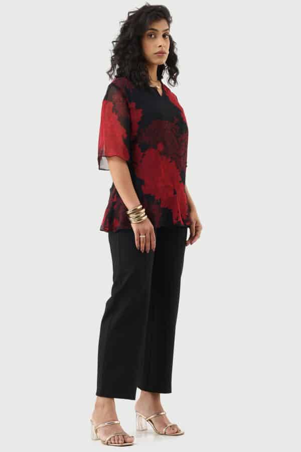 Red & Black Printed Georgette Top with Flared Sleeves
