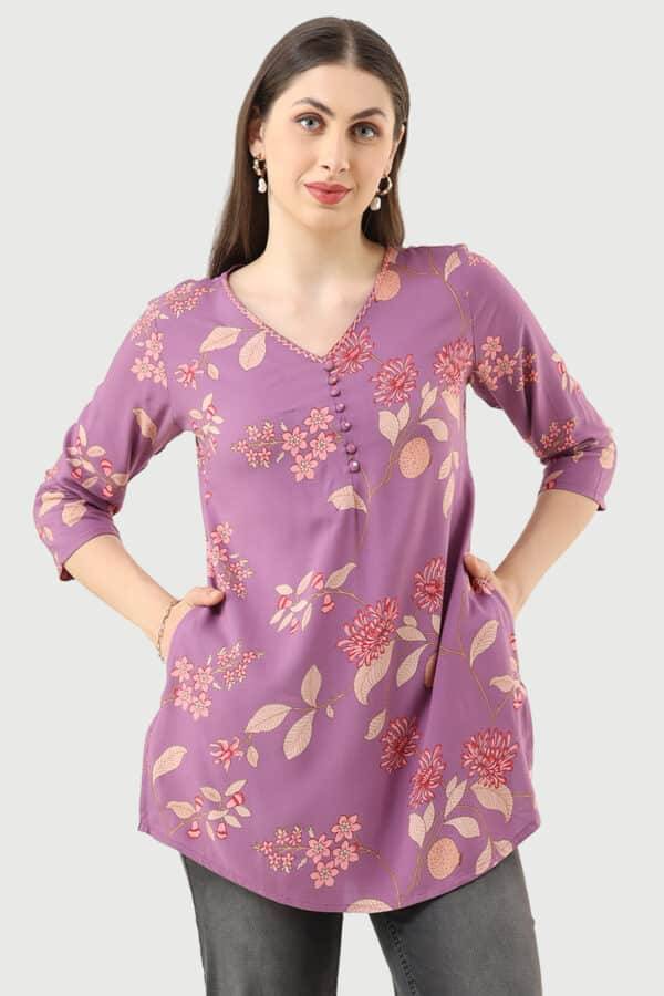Lavender Printed Rayon Tunic with V-Neck