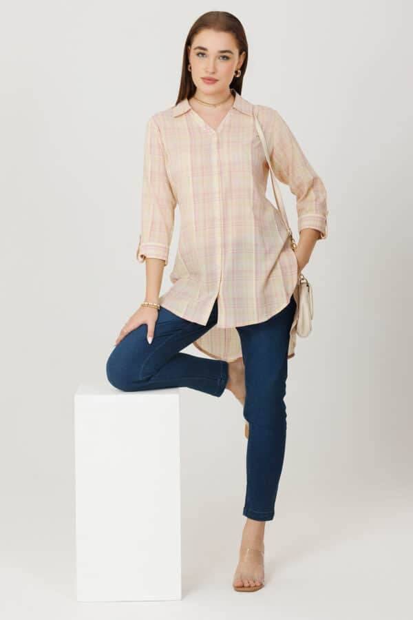 Cream Checked Rayon Crepe Shirt with Full Sleeves