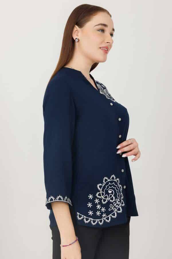 Navy Rayon Embroidered Casual Top with Mandarin Collar