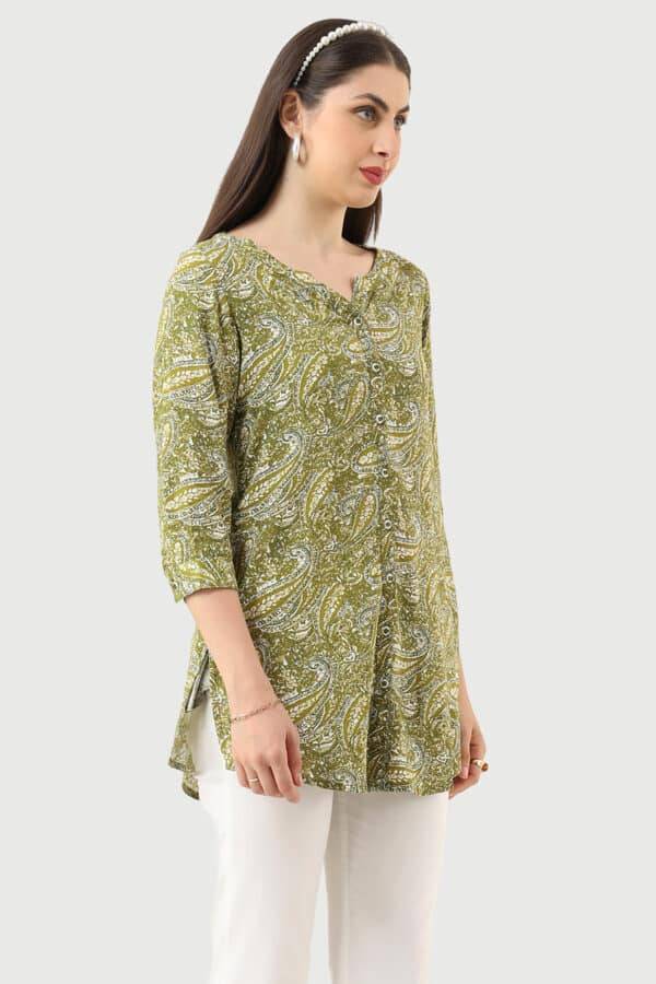 Olive Green Printed Rayon Tunic with Round Neck