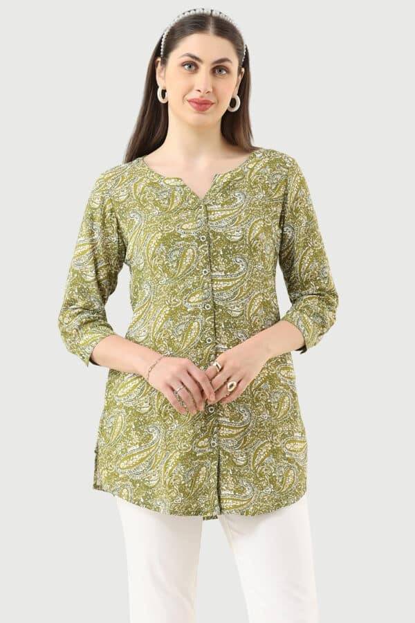 Olive Green Printed Rayon Tunic with Round Neck