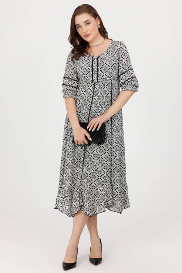 Black And White Printed Moss Crepe Dress with 3/4th Sleeves