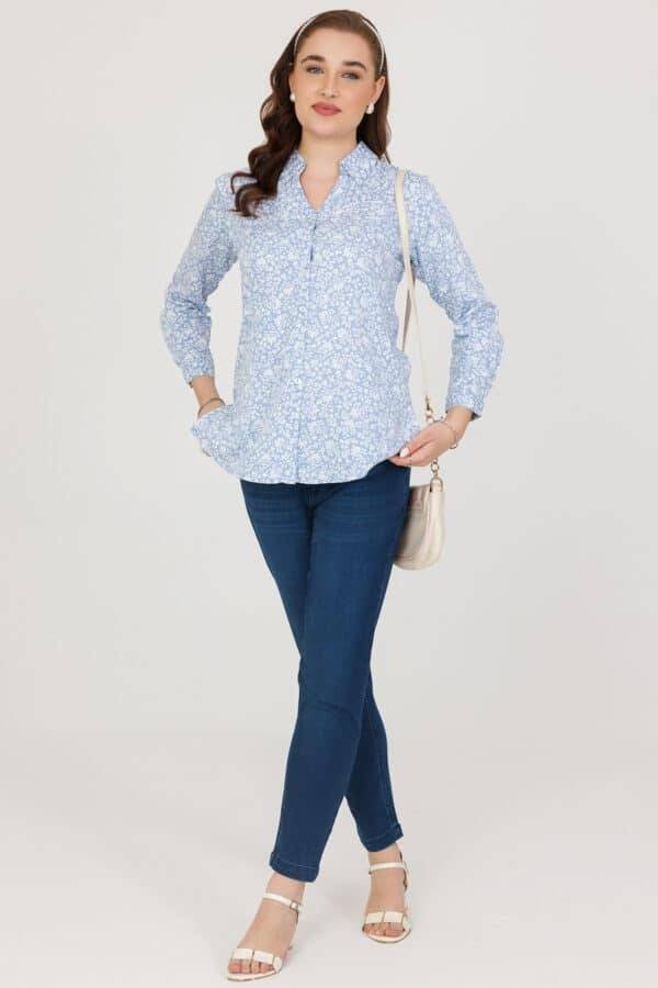 Blue Twill Shirt with Pintuck Detailing