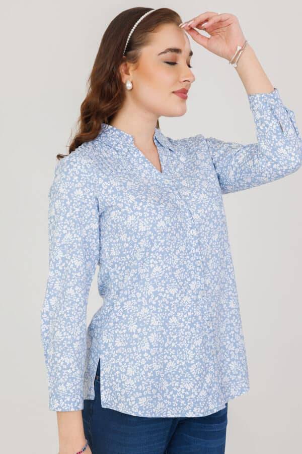 Blue Twill Shirt with Pintuck Detailing