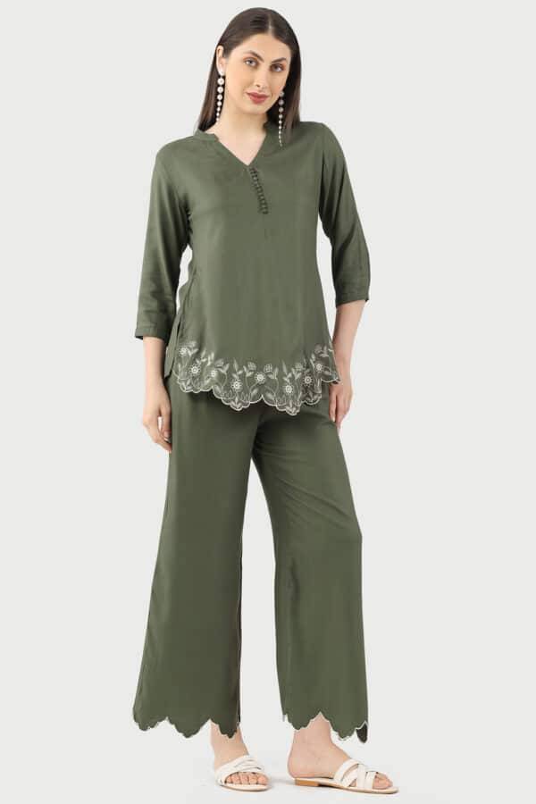 Embroidered Olive Green Co-ord Top in Rayon Twill