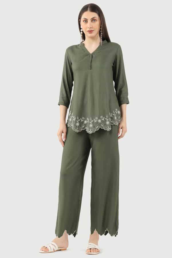 Olive Green Embroidered Co Ord Pant