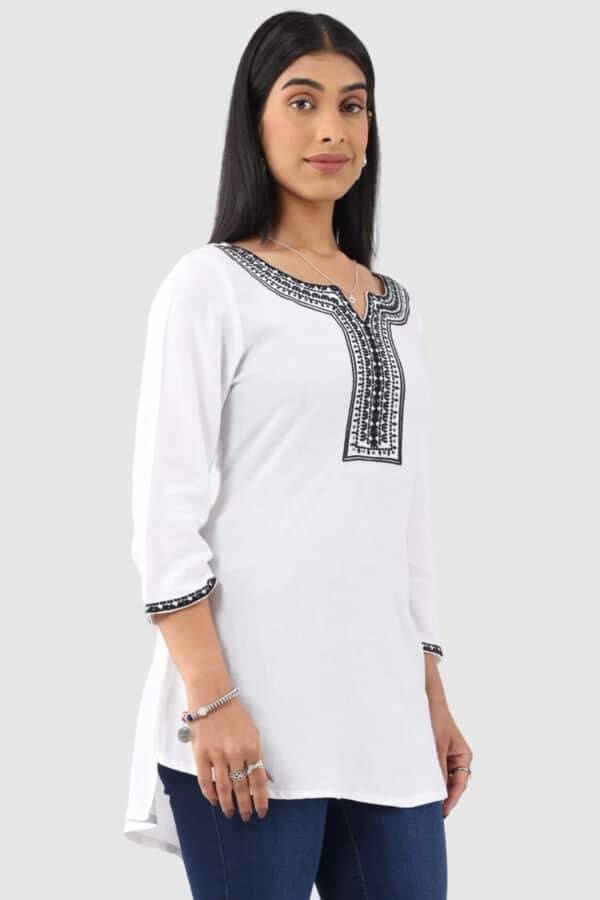 White Cotton Slub Embroidered Top with 3/4th Sleeves