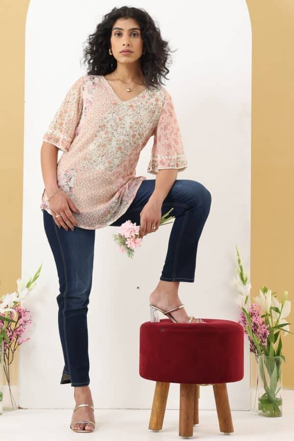 Peach Printed Chiffon Casual Top with V-Neck