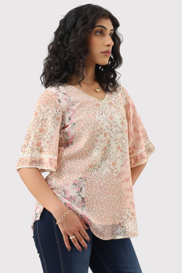 Peach Printed Chiffon Casual Top with V-Neck
