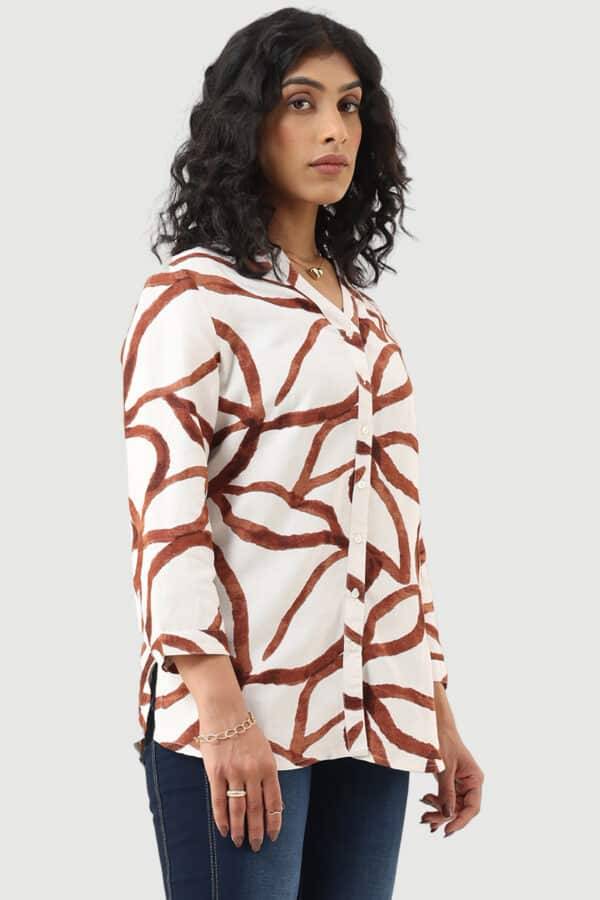 White Printed Viscose Linen Shirt with Mandarin Collar