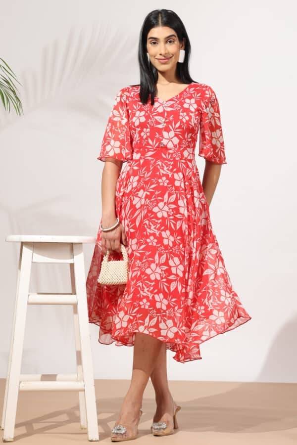 Red Printed Chiffon Dress with V-Neck