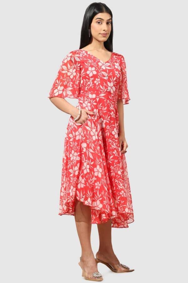 Red Printed Chiffon Dress with V-Neck