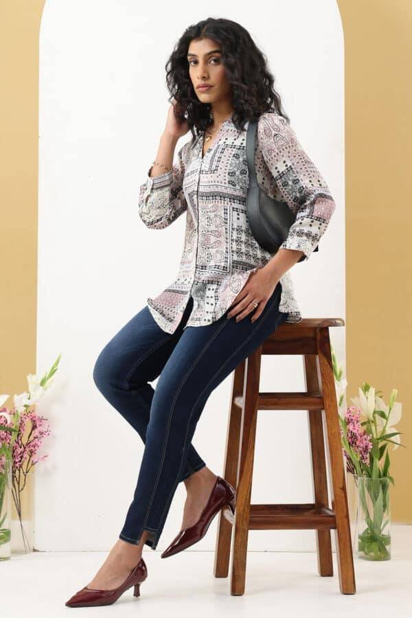 Grey Printed Satin Shirt with Collared Neck