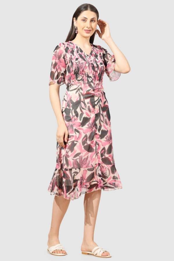 Pink Printed Chiffon Dress with V-Neck