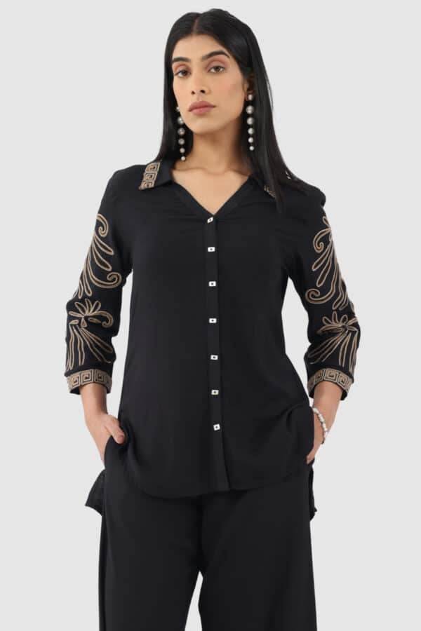 Black Rayon Slub Embroidered Co-ord Top with 3/4th Sleeves