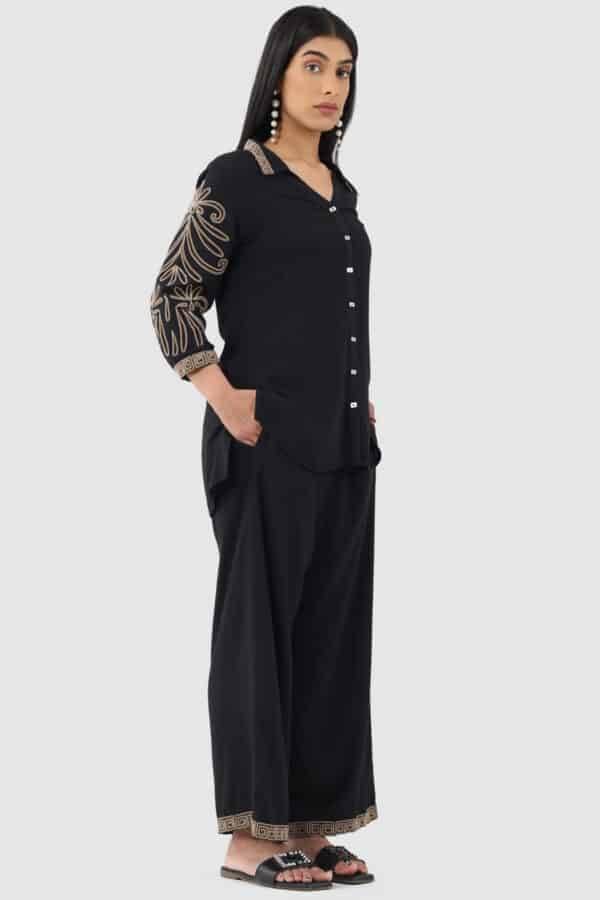 Black Rayon Slub Embroidered Co-ord Top with 3/4th Sleeves