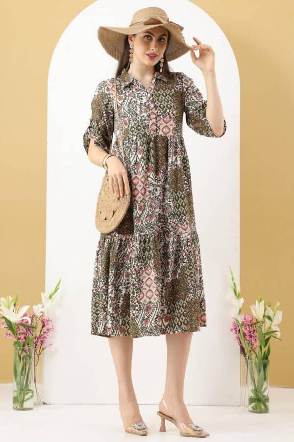 Brown Printed Bubble Crepe Dress with Collar