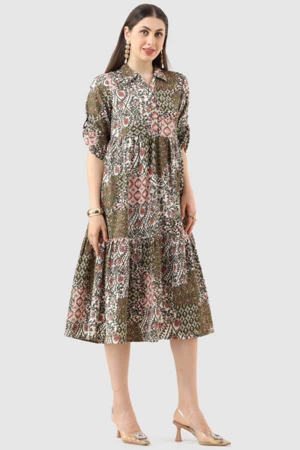 Brown Printed Bubble Crepe Dress with Collar