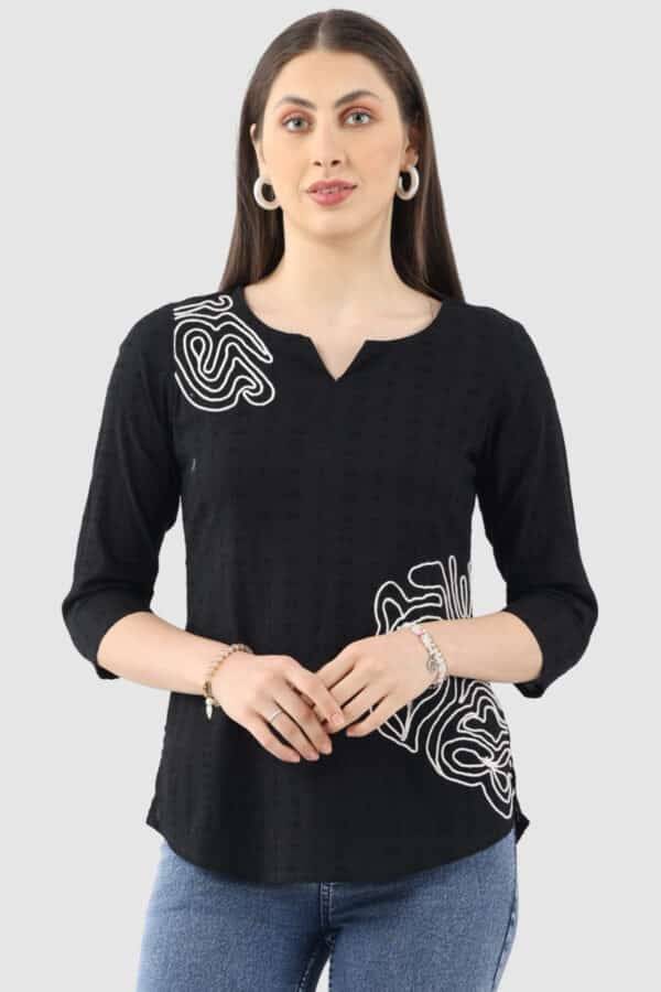Black Embroidered Cotton Dobby Top