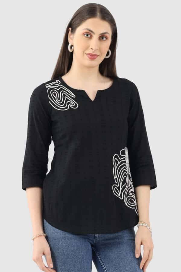 Black Embroidered Cotton Dobby Top