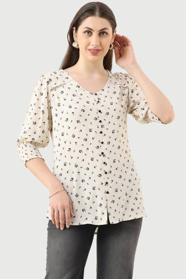 Off-White Printed Moss Fabric Casual Top with V-Neck