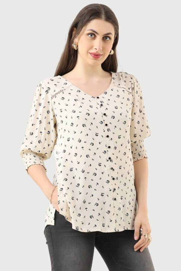 Off-White Printed Moss Fabric Casual Top with V-Neck