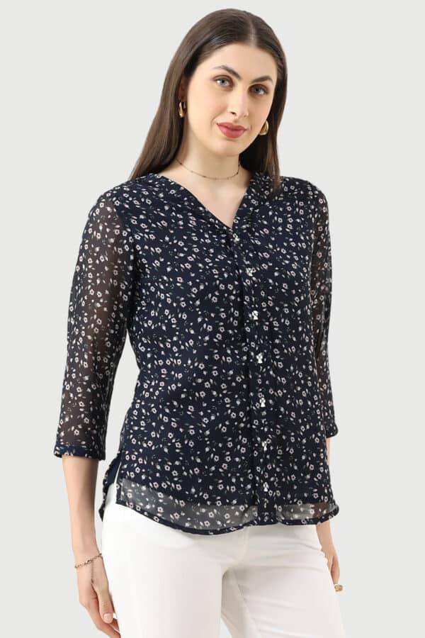 Navy Blue Printed Georgette Top with V-Neck