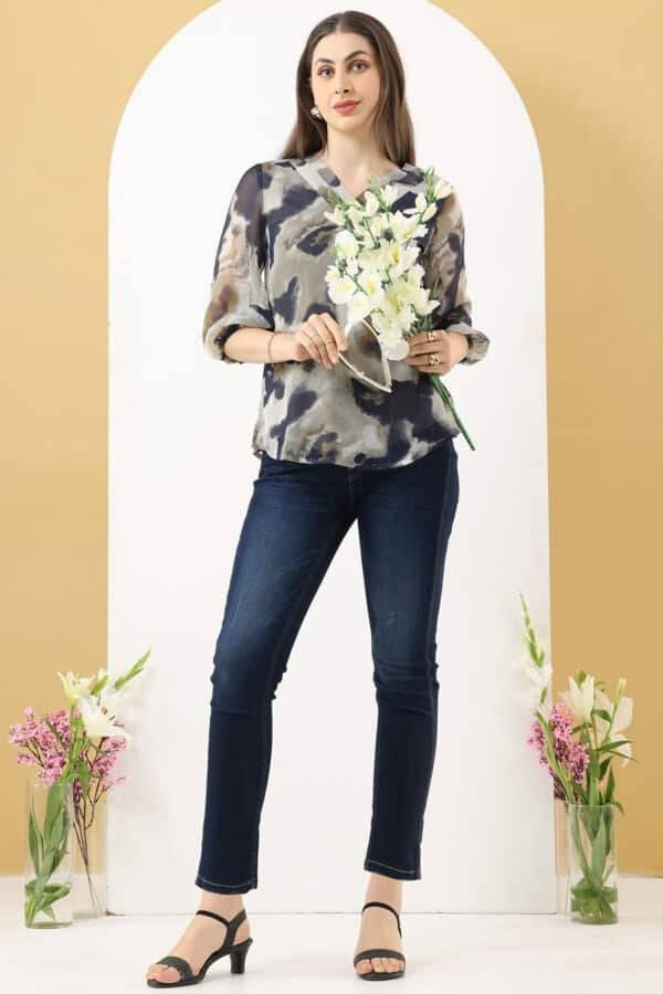 Grey Printed Chiffon Top with V-Neck