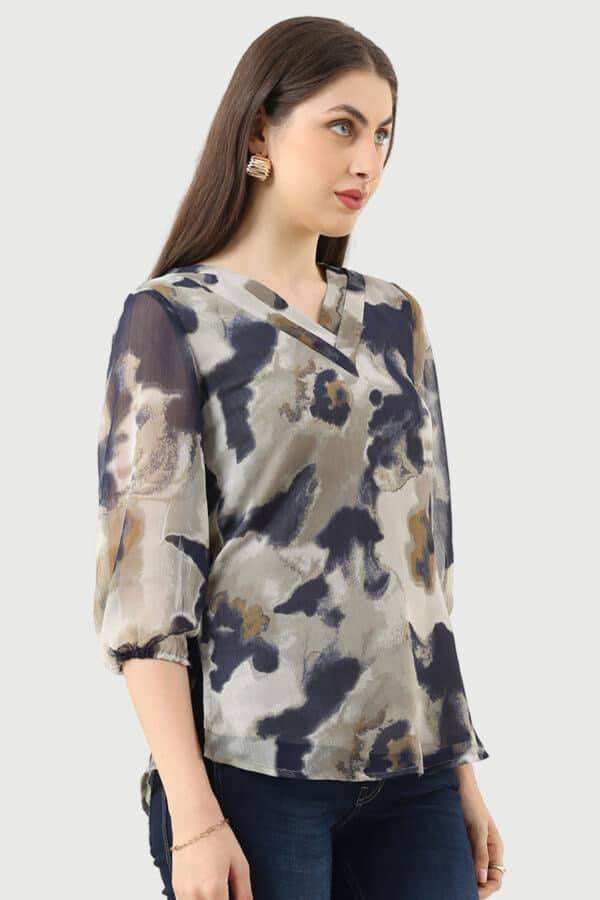 Grey Printed Chiffon Top with V-Neck