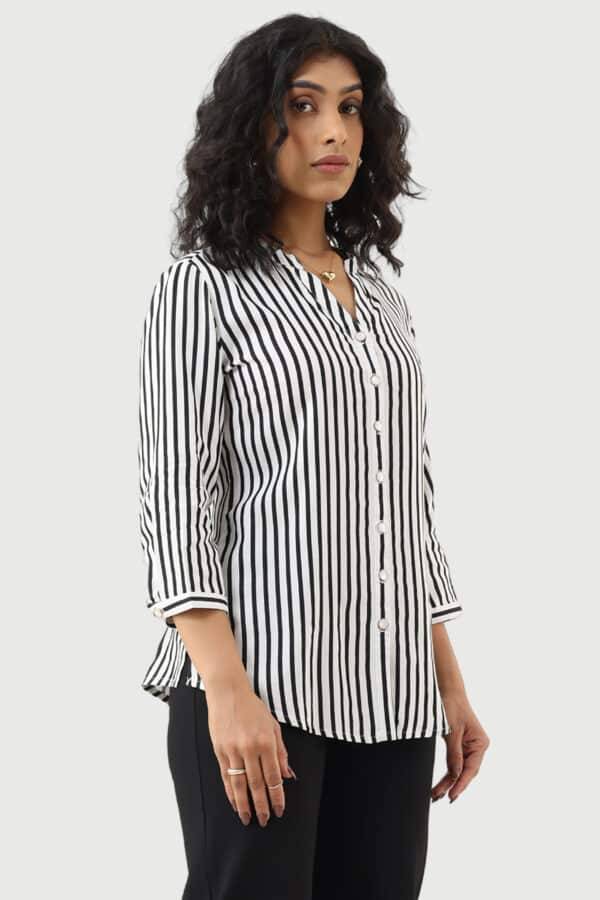 Black & White Striped Moss Crepe Shirt with Mandarin Collar