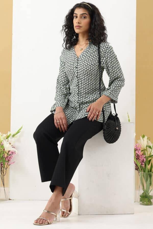 Green Moss Rayon Printed Shirt with Mandarin Collar