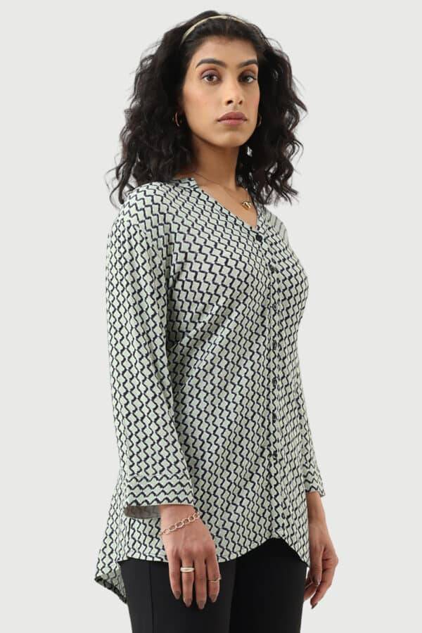 Green Moss Rayon Printed Shirt with Mandarin Collar