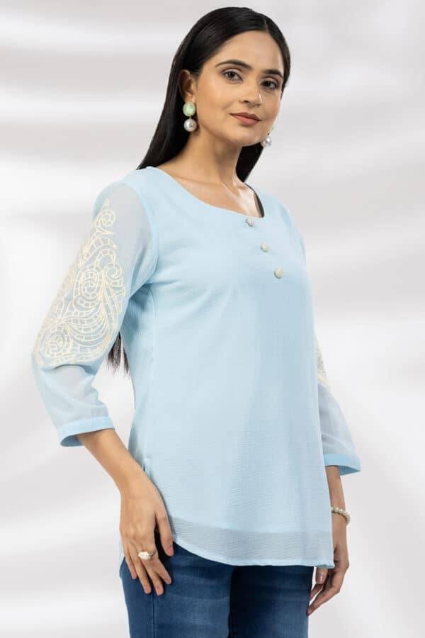 Blue Marble Chiffon Casual Top with Square Neck