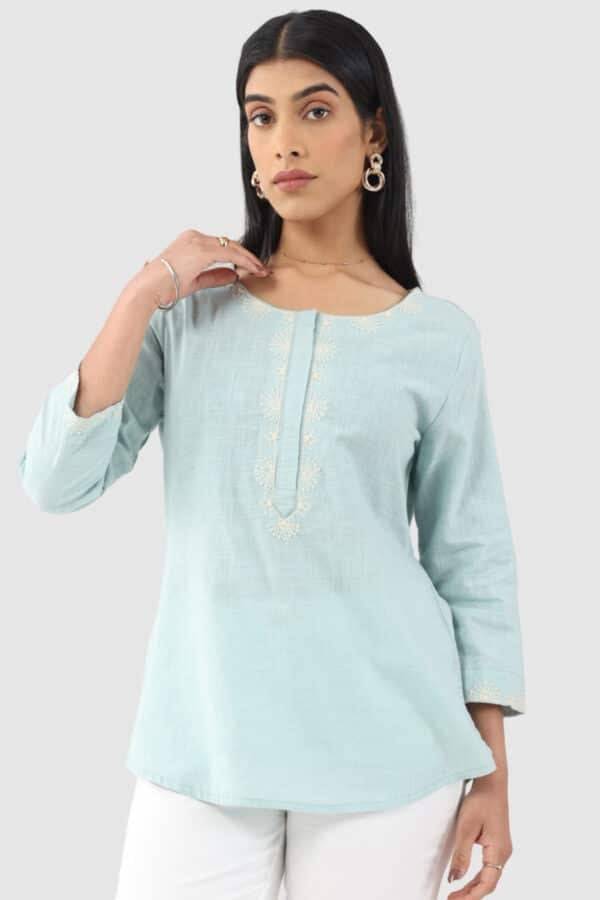 Aqua Blue Embroidered Cotton Slub Top