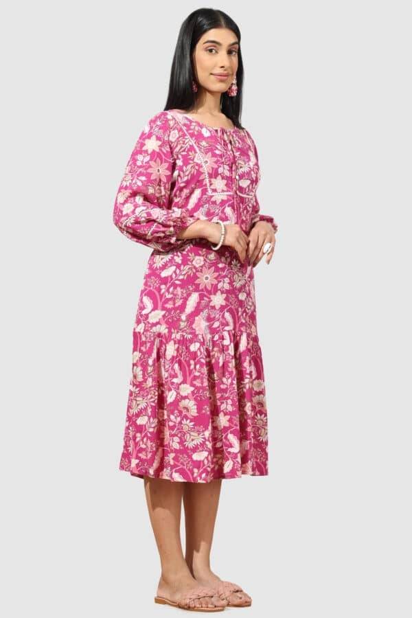 Pink Printed Rayon Crepe Dress with 3/4th Sleeves