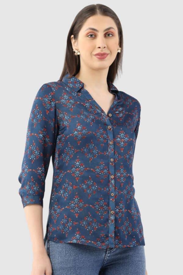 Blue Satin Printed Shirt with Collared Neck