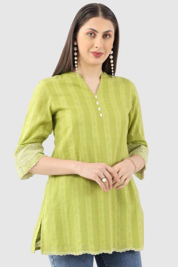 Lime Green Cotton Slub Dobby Tunic with Mandarin Collar