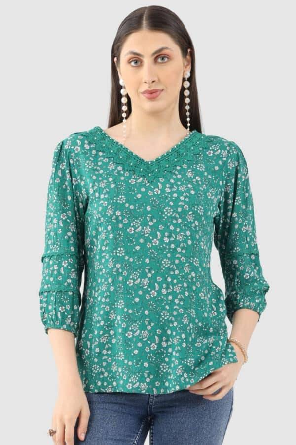 Green Printed Rayon Crepe Top with V-Neck
