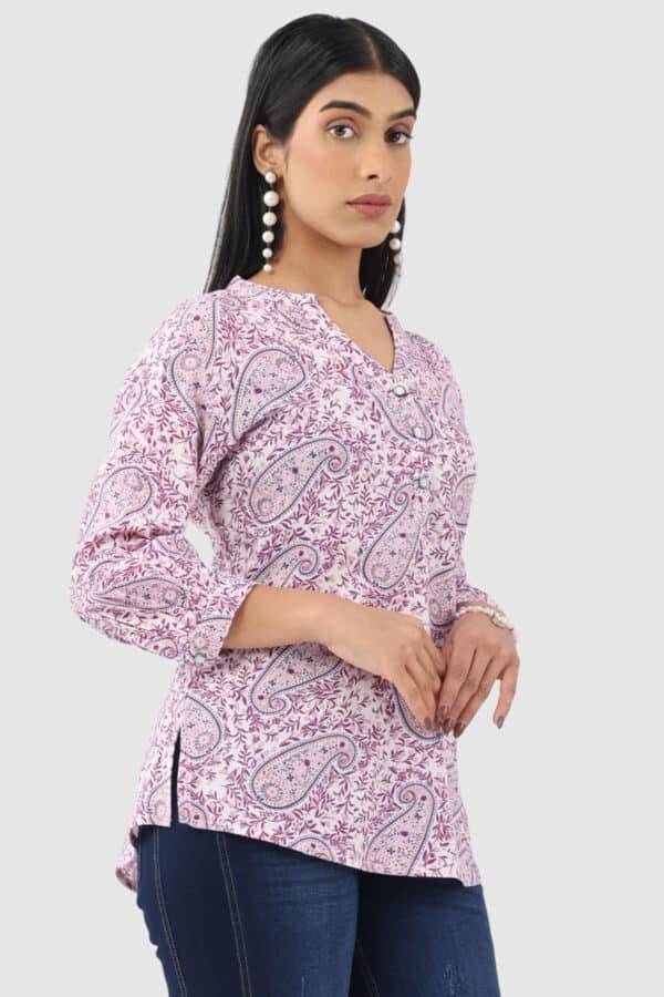 Lavender Printed Rayon Crepe Top with Mandarin Collar