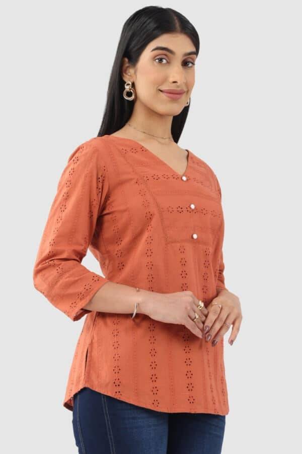 Apricot Schiffli Cotton Top with V-Neck