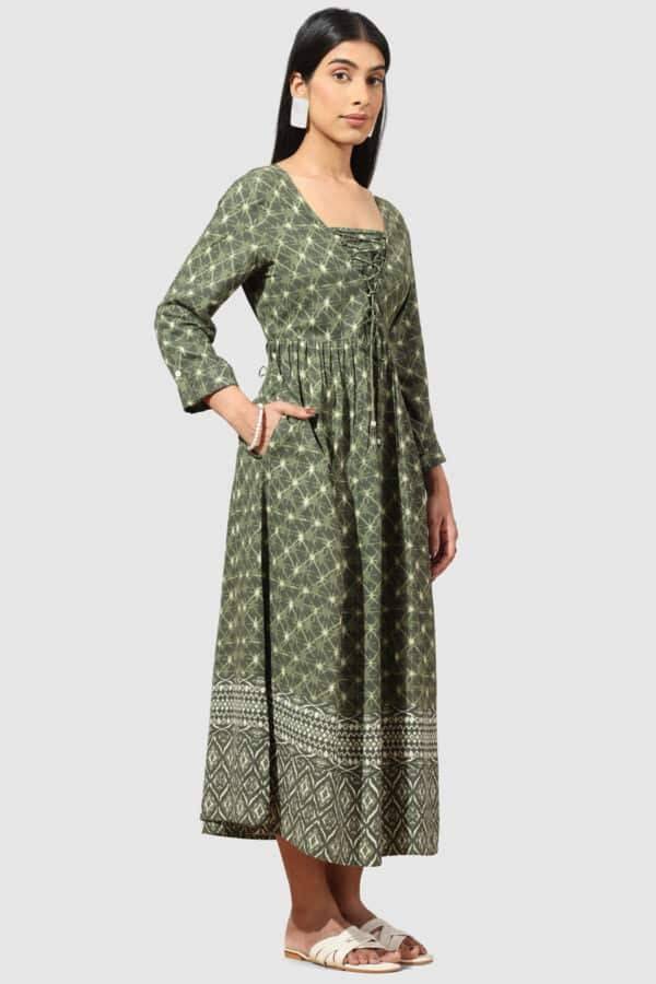 Olive Green Printed Square Neck Rayon Dress