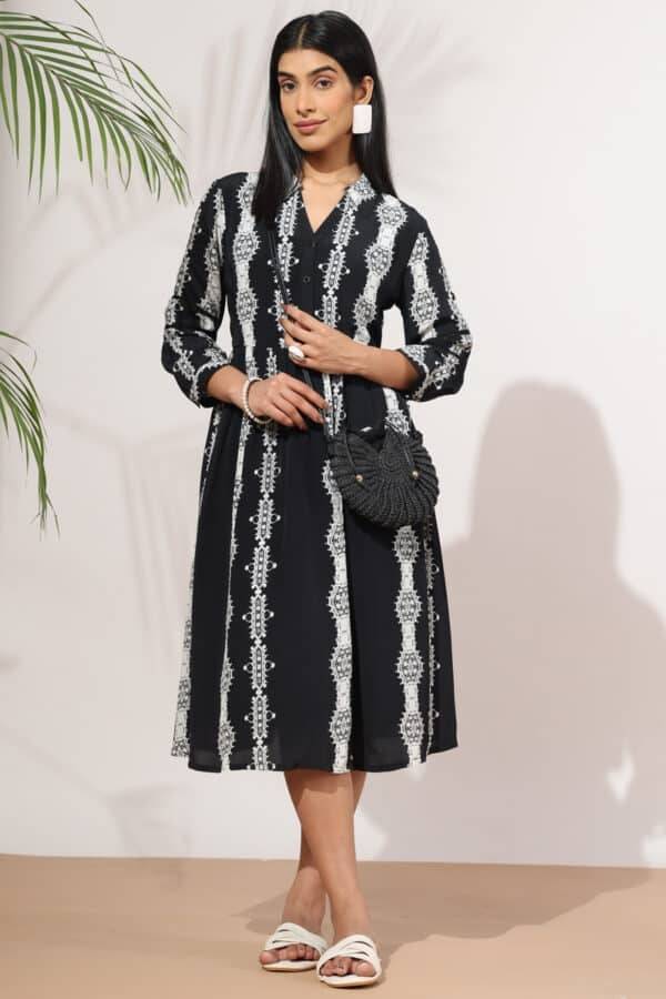 Black Printed Moss Crepe Dress with Collared Neck & 3/4th Sleeves