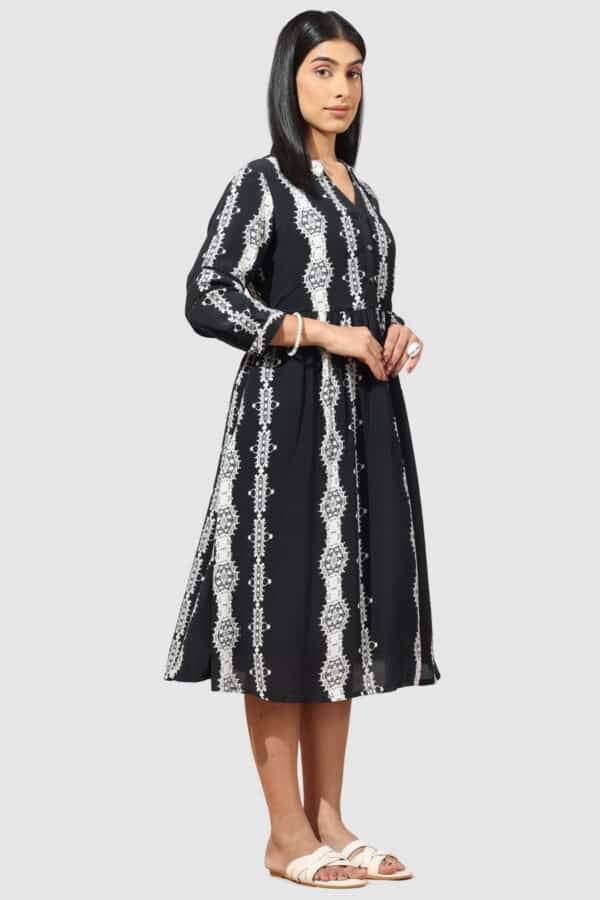 Black Printed Moss Crepe Dress with Collared Neck & 3/4th Sleeves