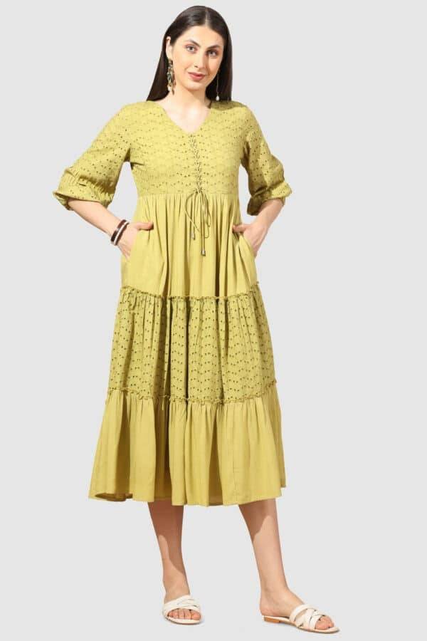 Yellow Schiffli Embroidered Dress with V Neck & 3/4th Sleeves