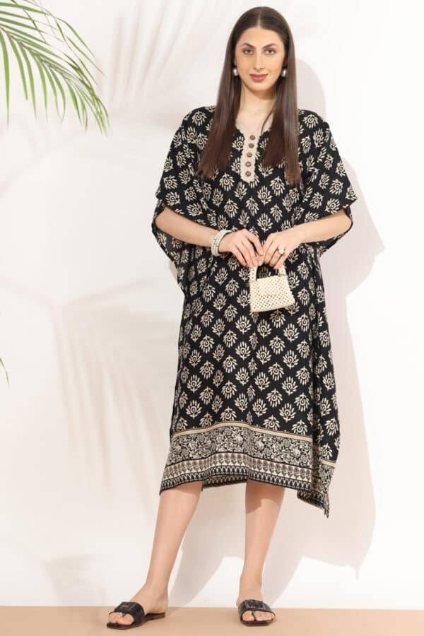 Black & Beige Printed Rayon Kaftan with V-Neck