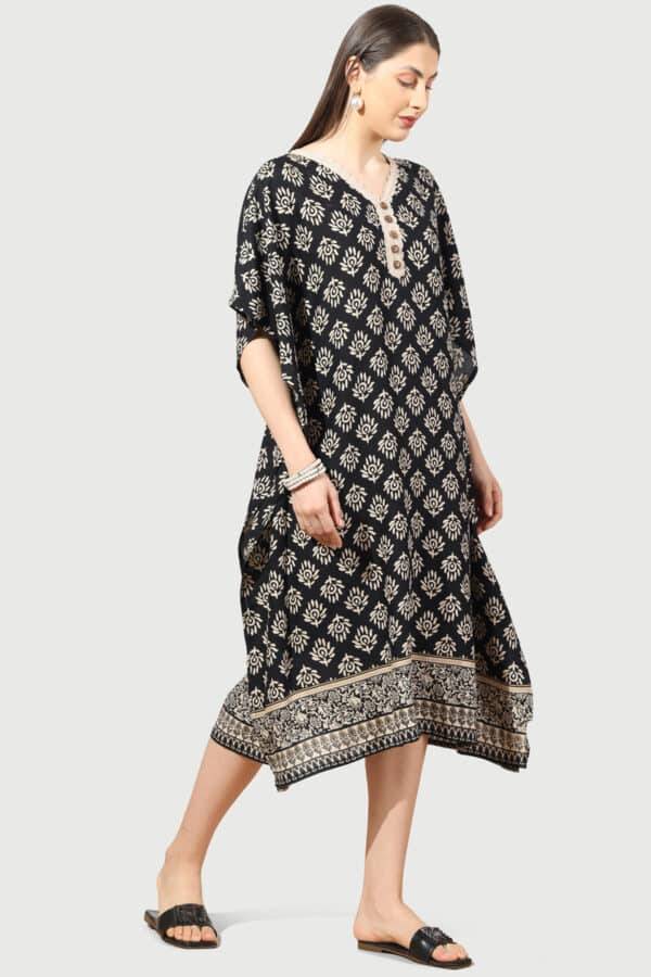 Black & Beige Printed Rayon Kaftan with V-Neck