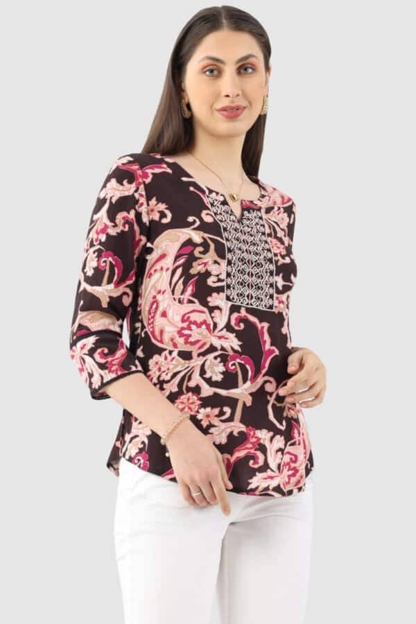 Pink Embroidered Rayon Crepe Casual Top